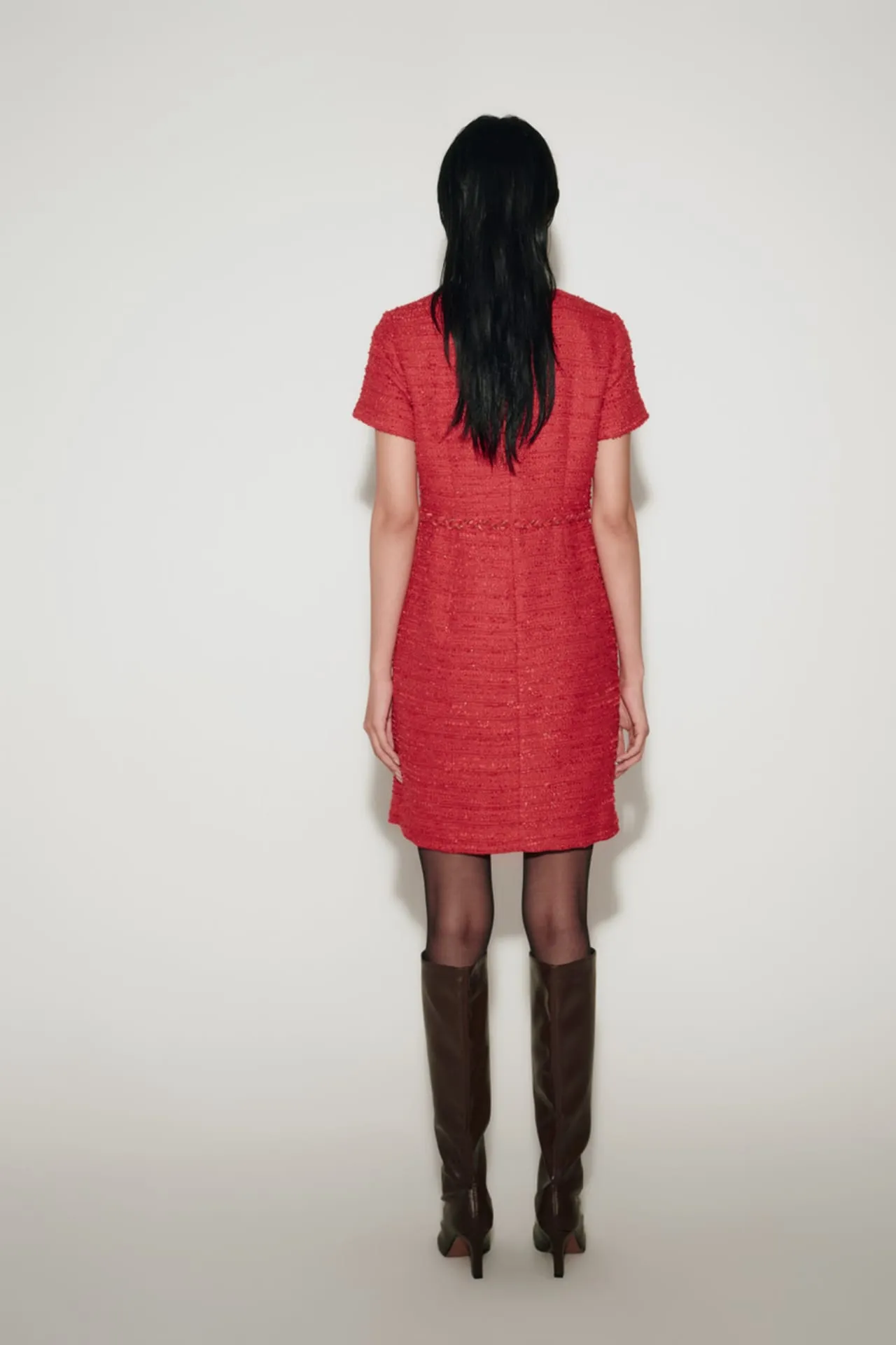 Red Tweed Fitted Round Neck Dress