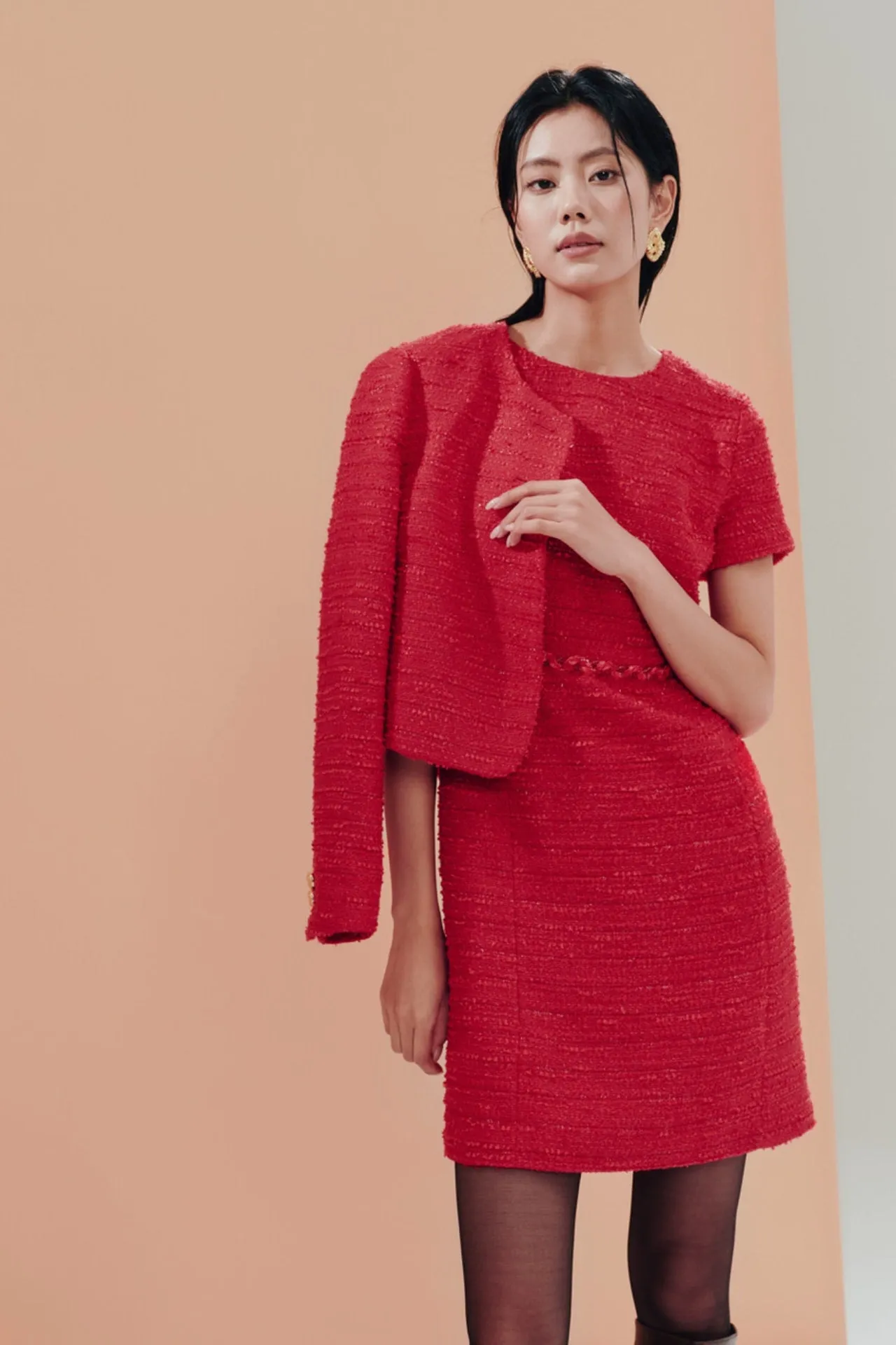Red Tweed Fitted Round Neck Dress