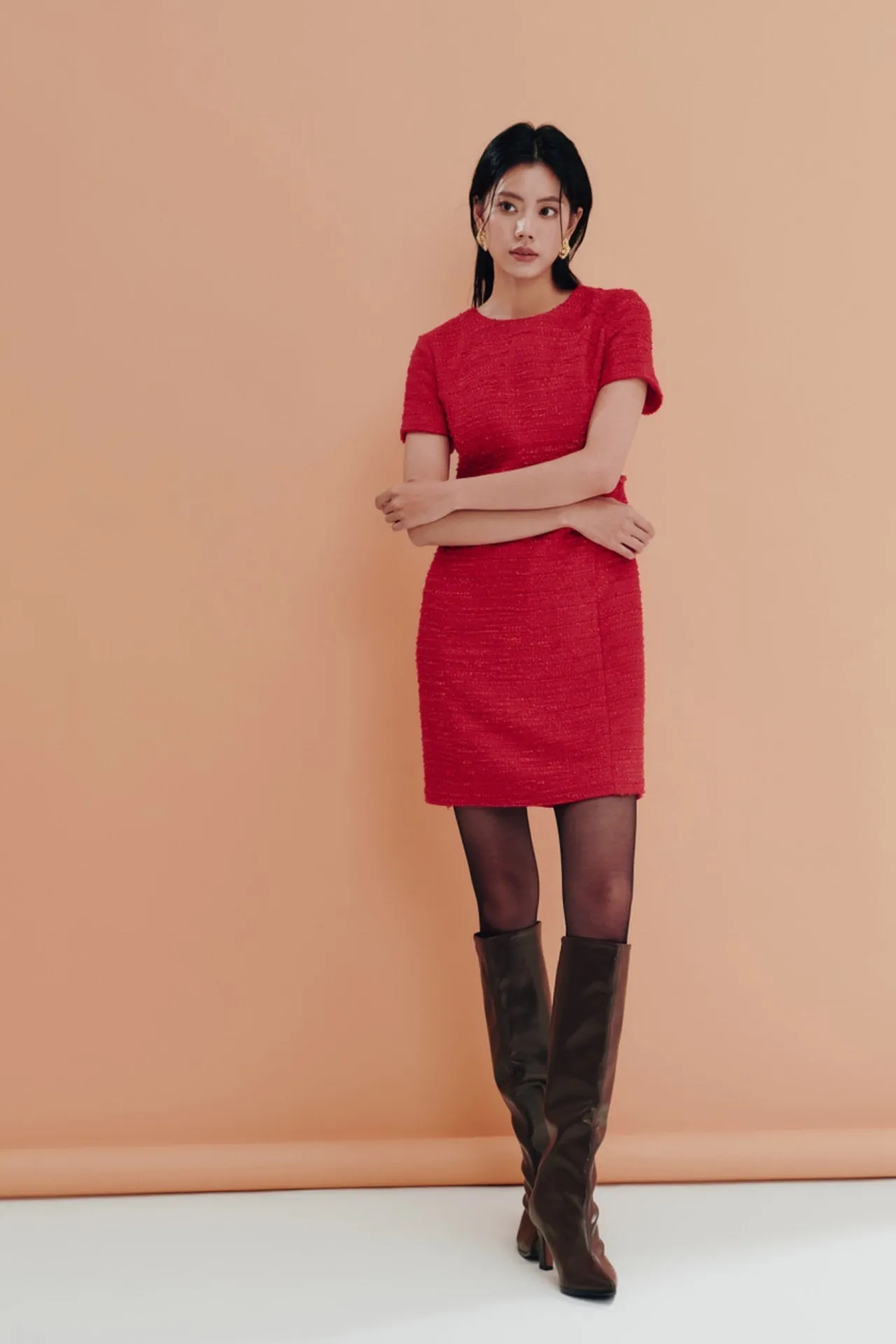Red Tweed Fitted Round Neck Dress
