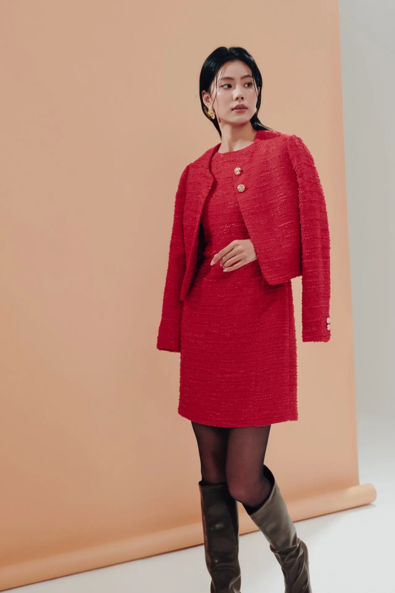 Red Tweed Fitted Round Neck Dress