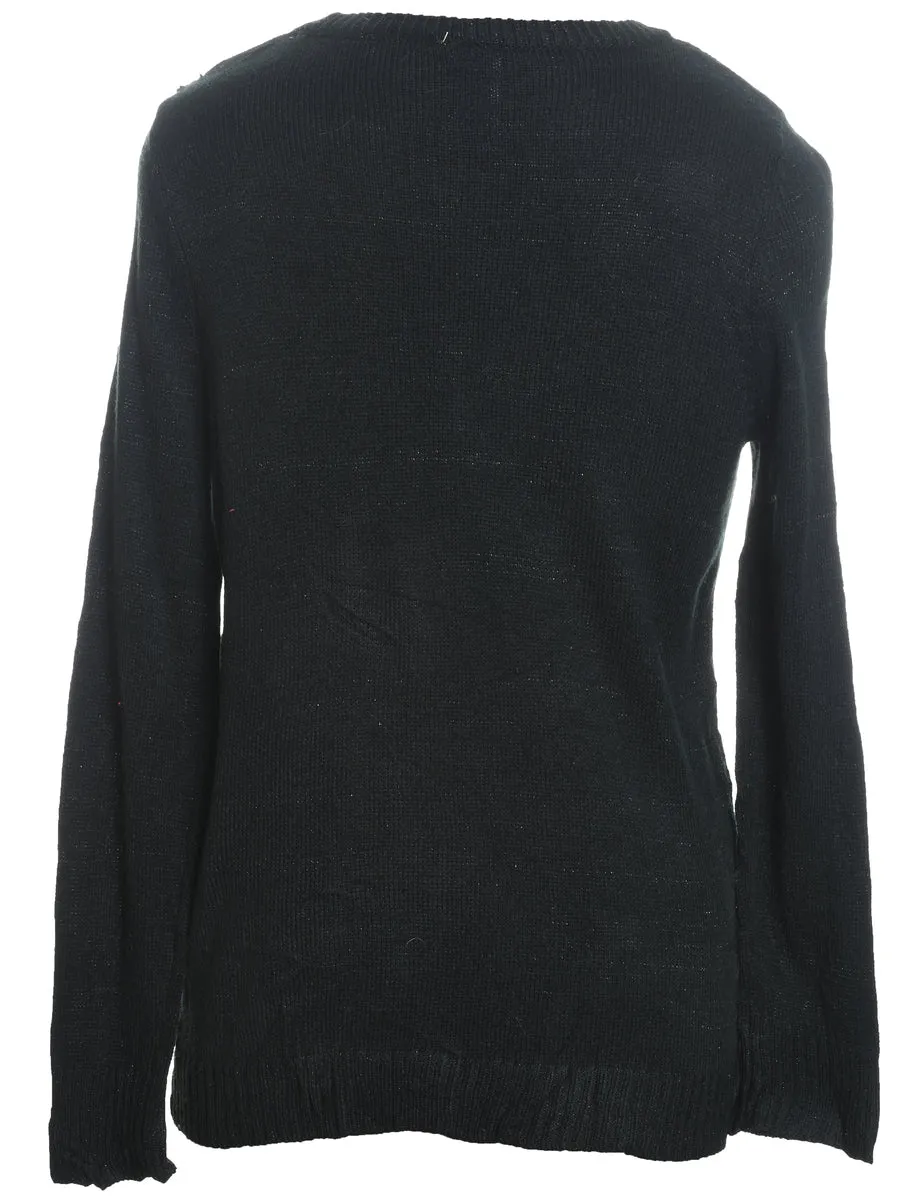 Santa Claus Design Black Knit Christmas Jumper - L