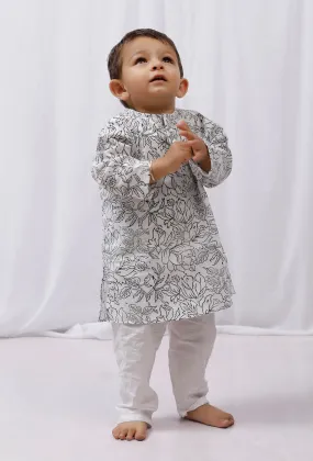 Set of 2: Black Hand Block Printed Cotton Kurta and White Pajama Set