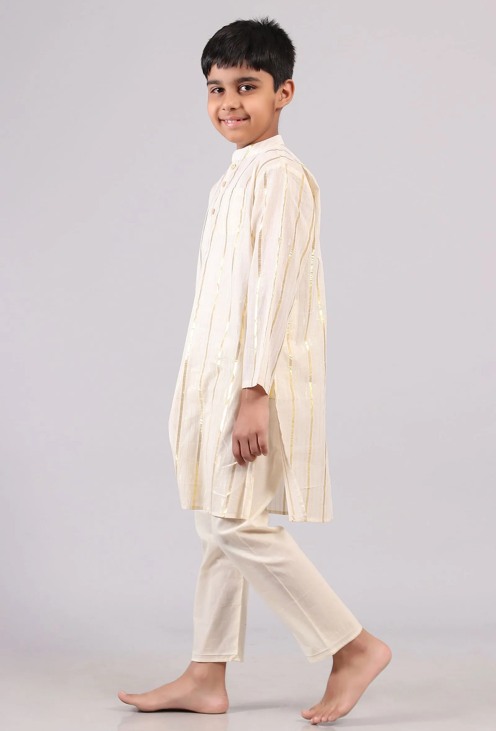 Set Of 2: White Cotton Golden Stripes Kurta Pyjama Set