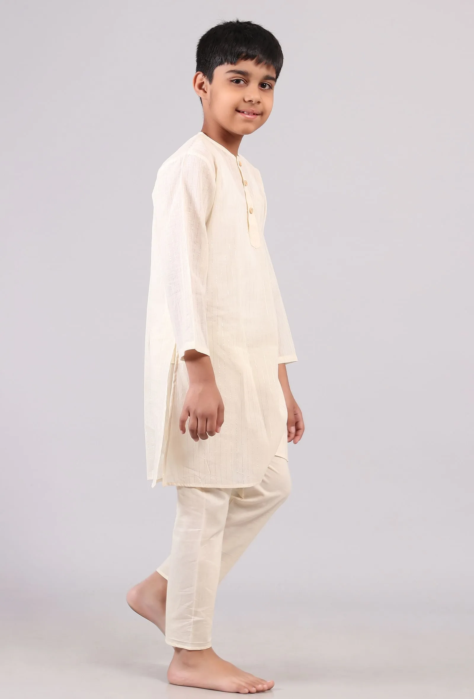 Set Of 2: White Cotton Silver Stripes Kurta Pyjama Set