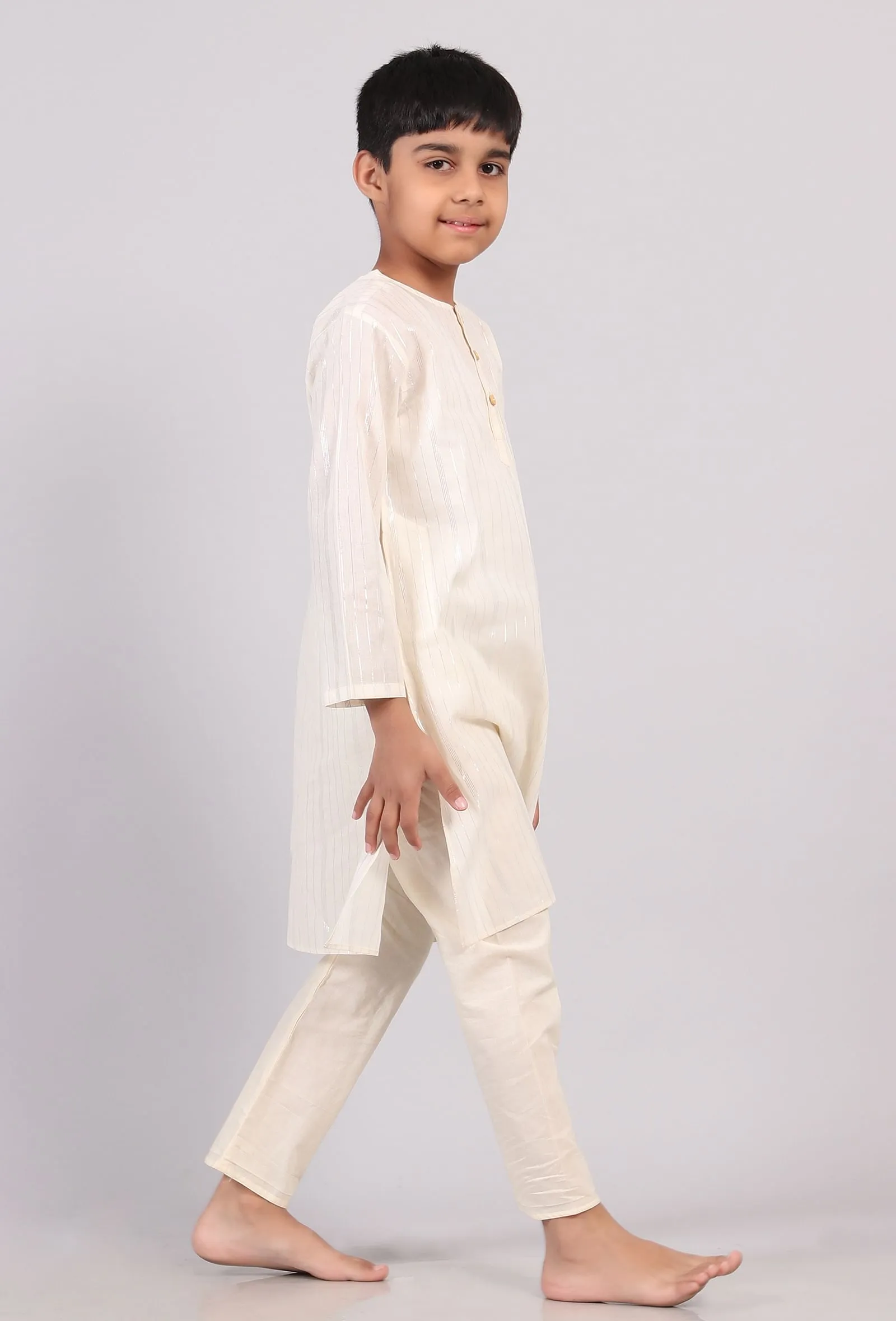 Set Of 2: White Silver Cotton Stripes Kurta Pyjama Set