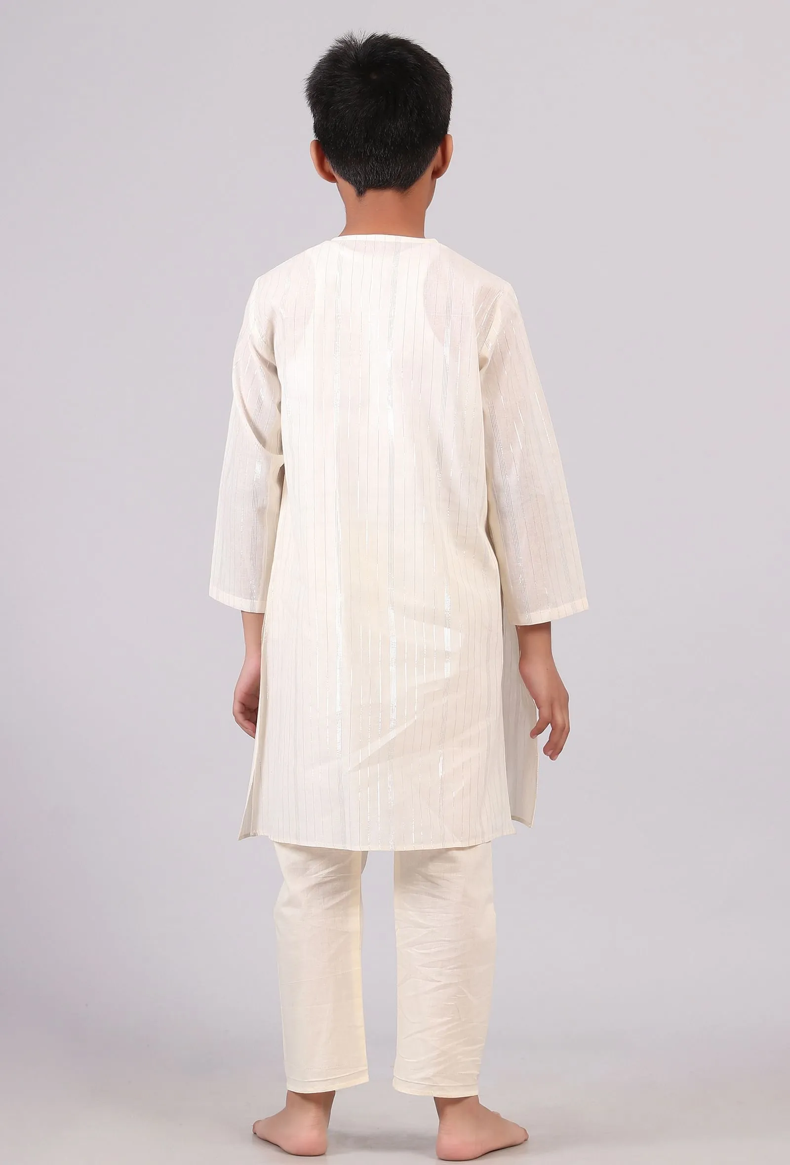 Set Of 2: White Silver Cotton Stripes Kurta Pyjama Set