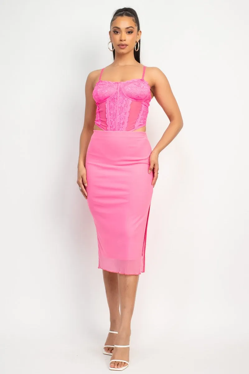 Side Slit Mesh Midi Skirt