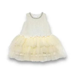 Sleeveless Tweed Tulle Dress - Beige