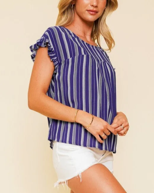 Stripe Ruffle Slv Tie Back Top