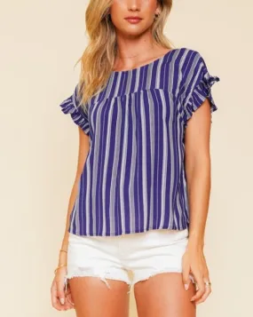 Stripe Ruffle Slv Tie Back Top