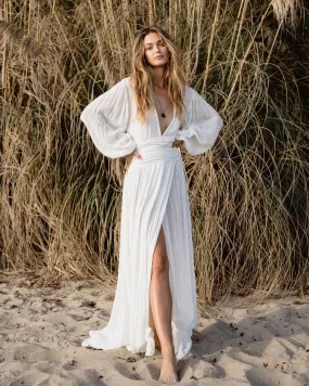 Stylish balloon sleeves cotton hemp resort V-neck split dress