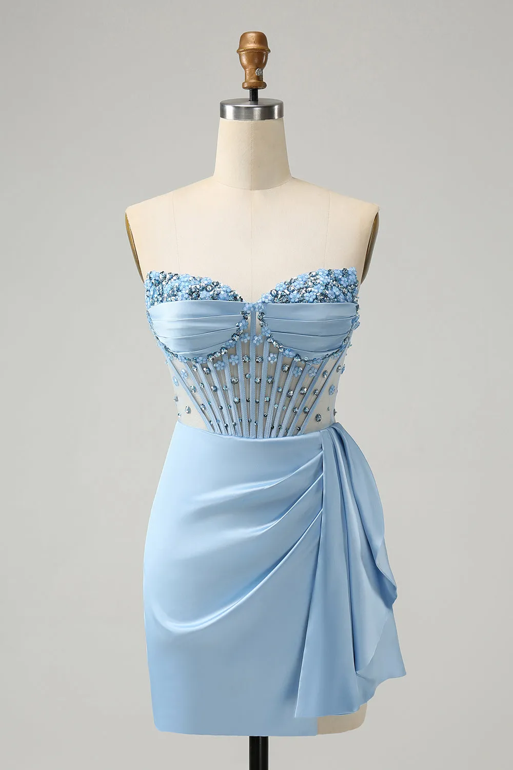 Stylish Blue Sweetheart Pleated Corset Short Tight Homecoming Dress with Beading