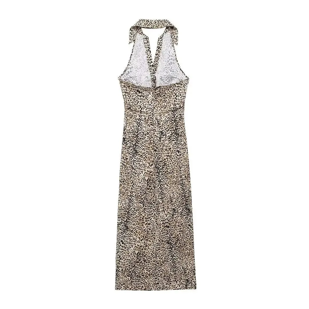 TAVIMART  -  Women's Linen Halter Single Breasted Shirt Dress Sexy Sleeveless Halter Party Dress Leopard Print Midi Dress TRAF2024 Summer