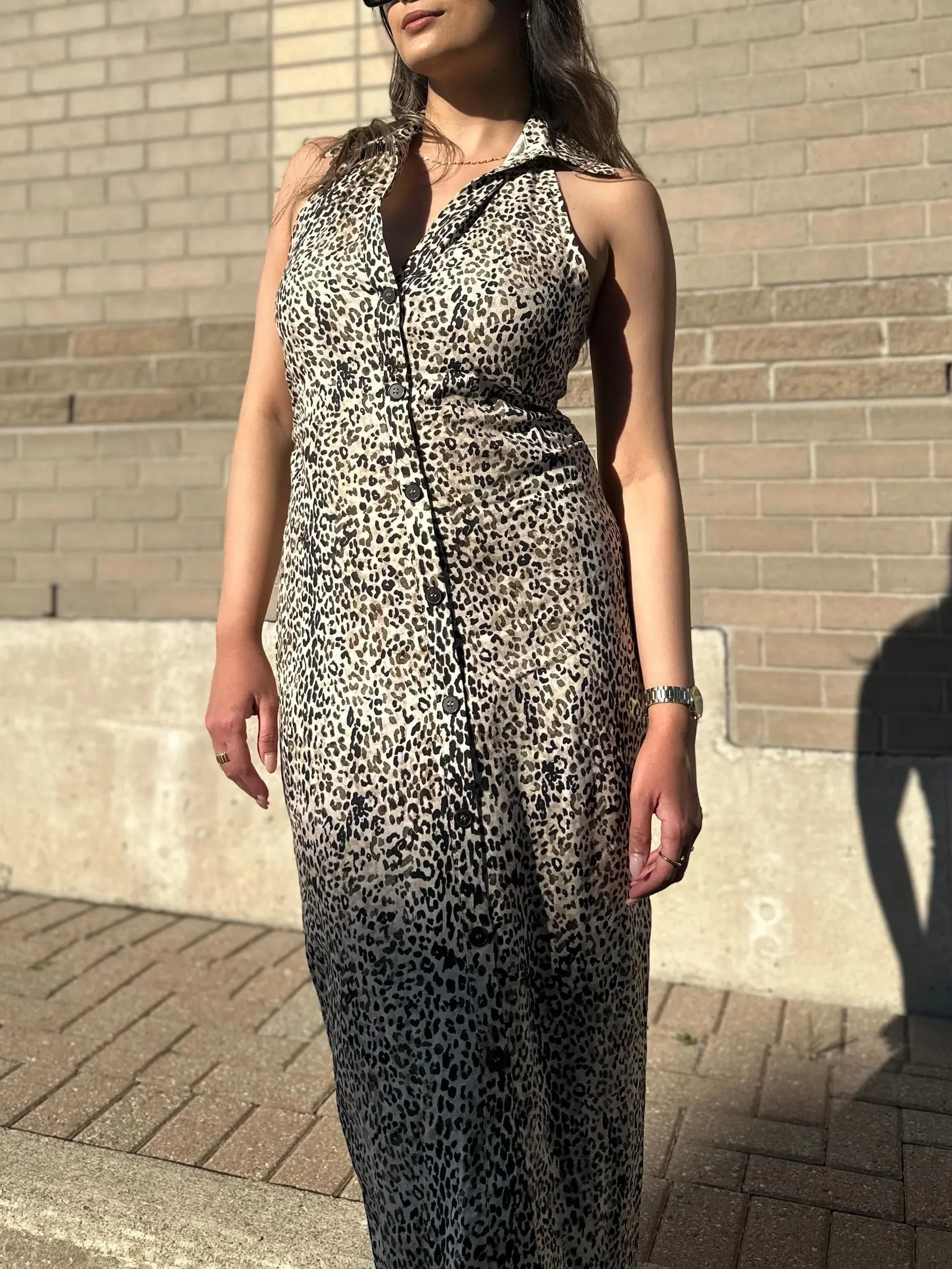TAVIMART  -  Women's Linen Halter Single Breasted Shirt Dress Sexy Sleeveless Halter Party Dress Leopard Print Midi Dress TRAF2024 Summer