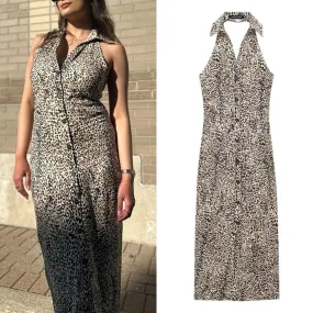 TAVIMART  -  Women's Linen Halter Single Breasted Shirt Dress Sexy Sleeveless Halter Party Dress Leopard Print Midi Dress TRAF2024 Summer