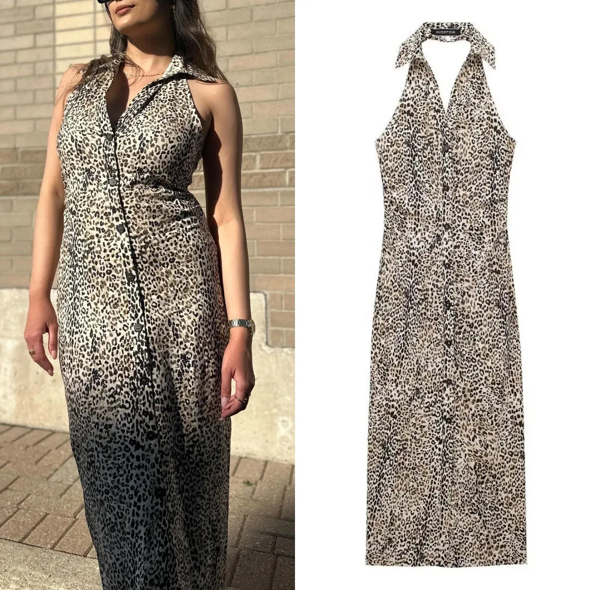 TAVIMART  -  Women's Linen Halter Single Breasted Shirt Dress Sexy Sleeveless Halter Party Dress Leopard Print Midi Dress TRAF2024 Summer