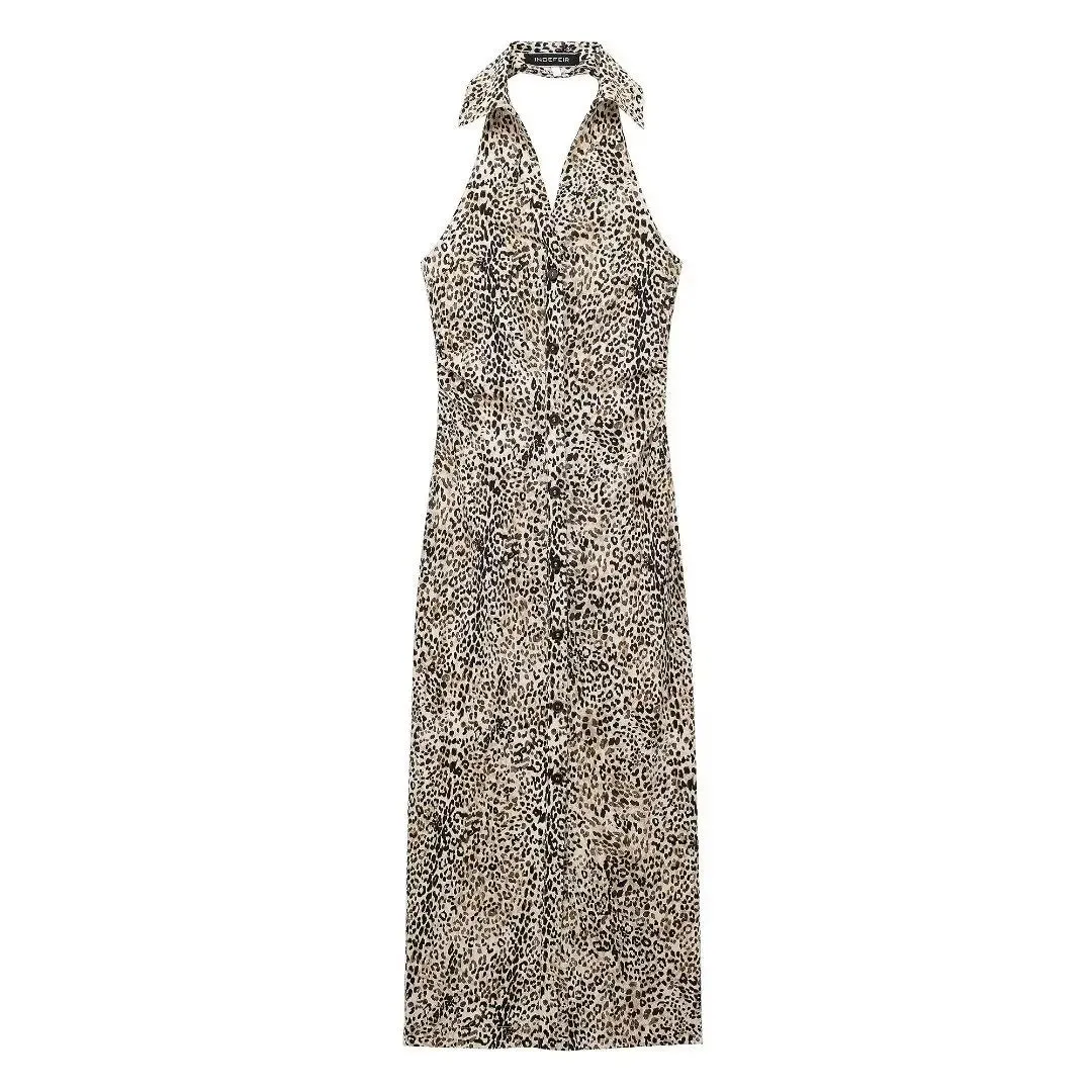 TAVIMART  -  Women's Linen Halter Single Breasted Shirt Dress Sexy Sleeveless Halter Party Dress Leopard Print Midi Dress TRAF2024 Summer