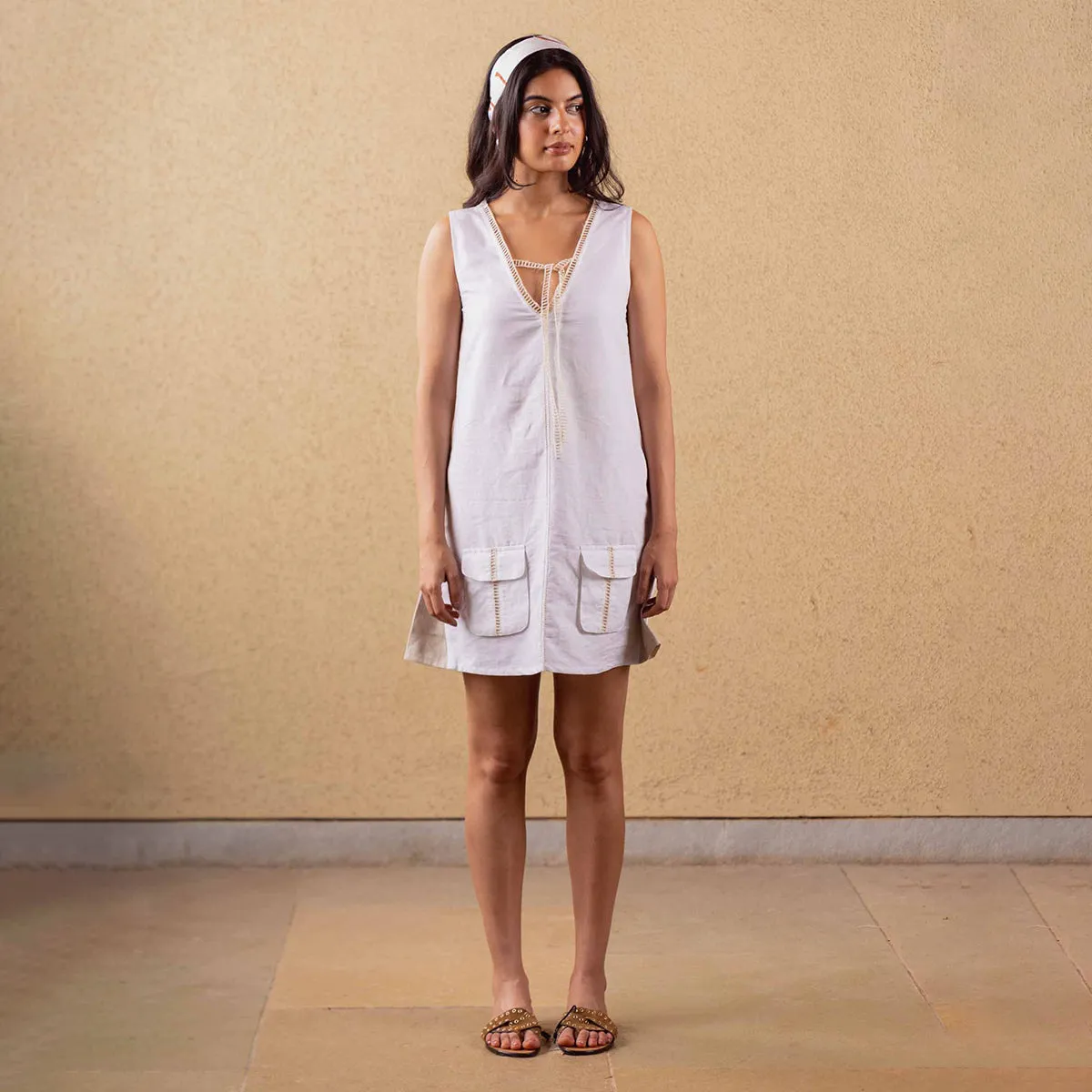 Tencel Solid Dress For Women | Reversible | High Neckline | White