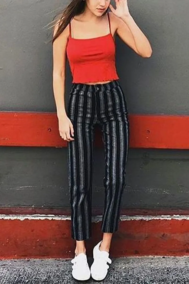 Tie Waist Belted Cigarette Trousers Striped Pants
