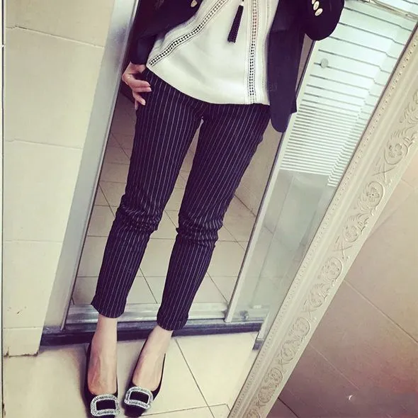 Tie Waist Belted Cigarette Trousers Striped Pants