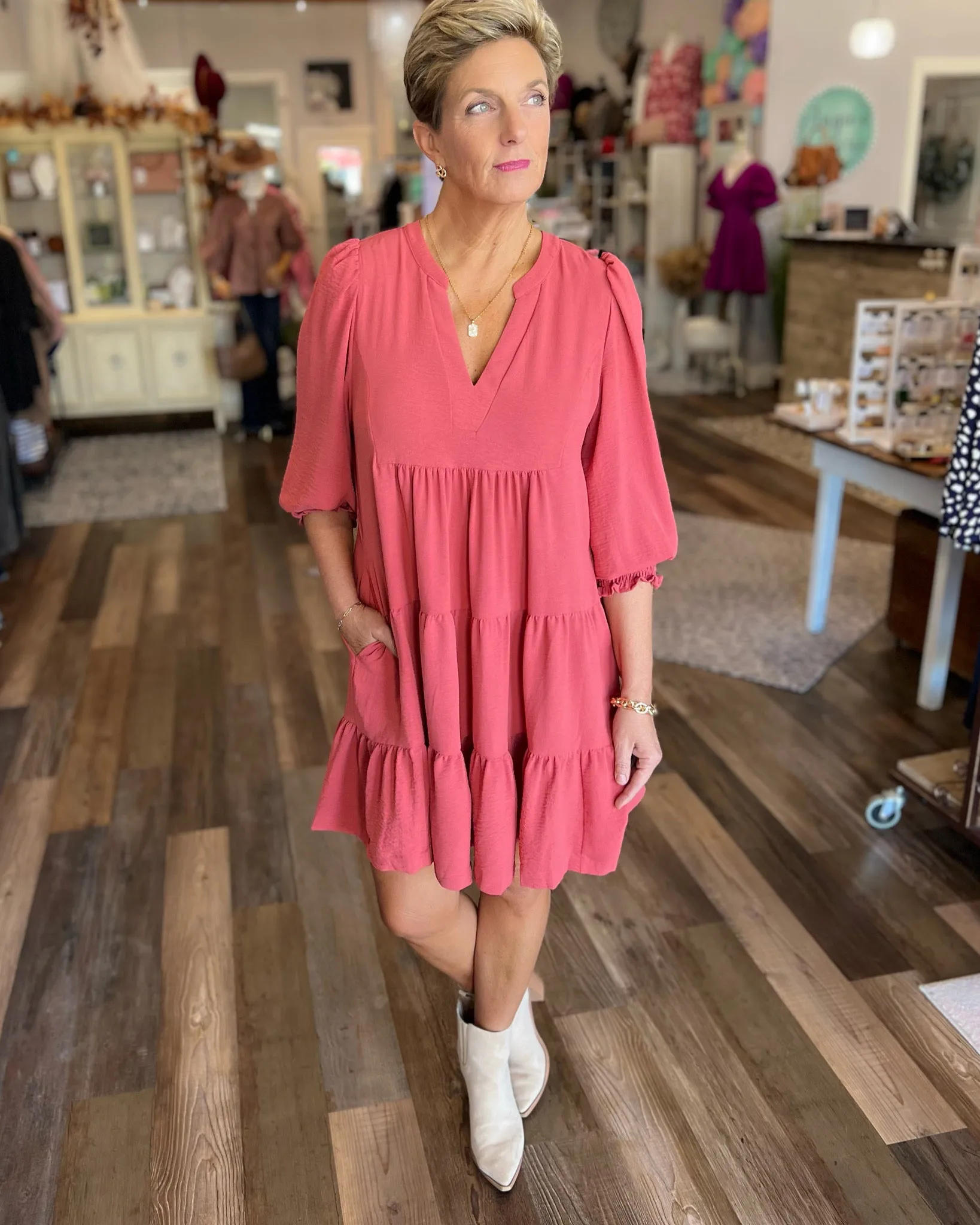 Tiered Dress with 3/4 Sleeves in Rose Clay