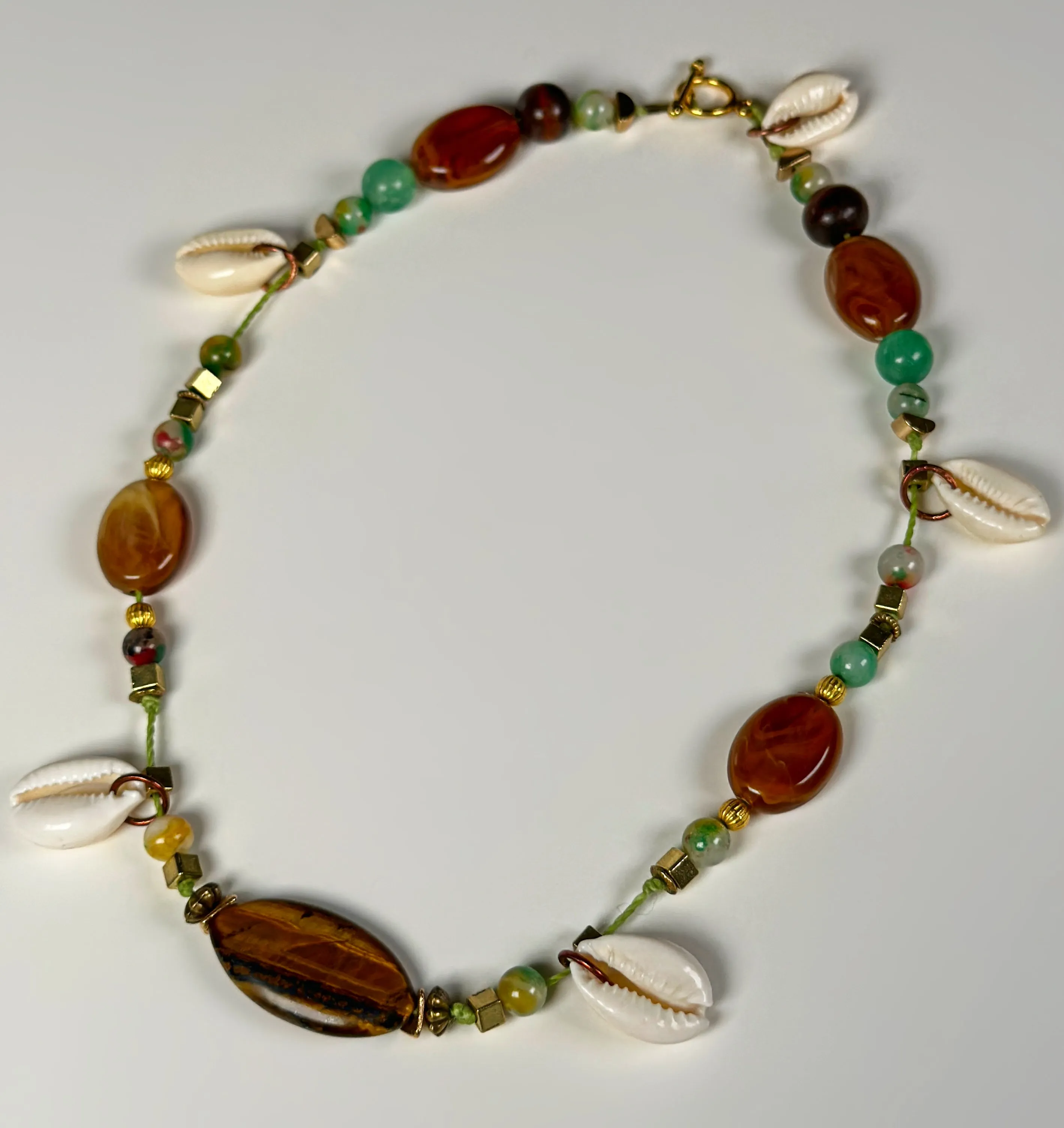 Tigers Eye Natural Stone & Cowrie Seahell Choker Necklace |  Denali Brand