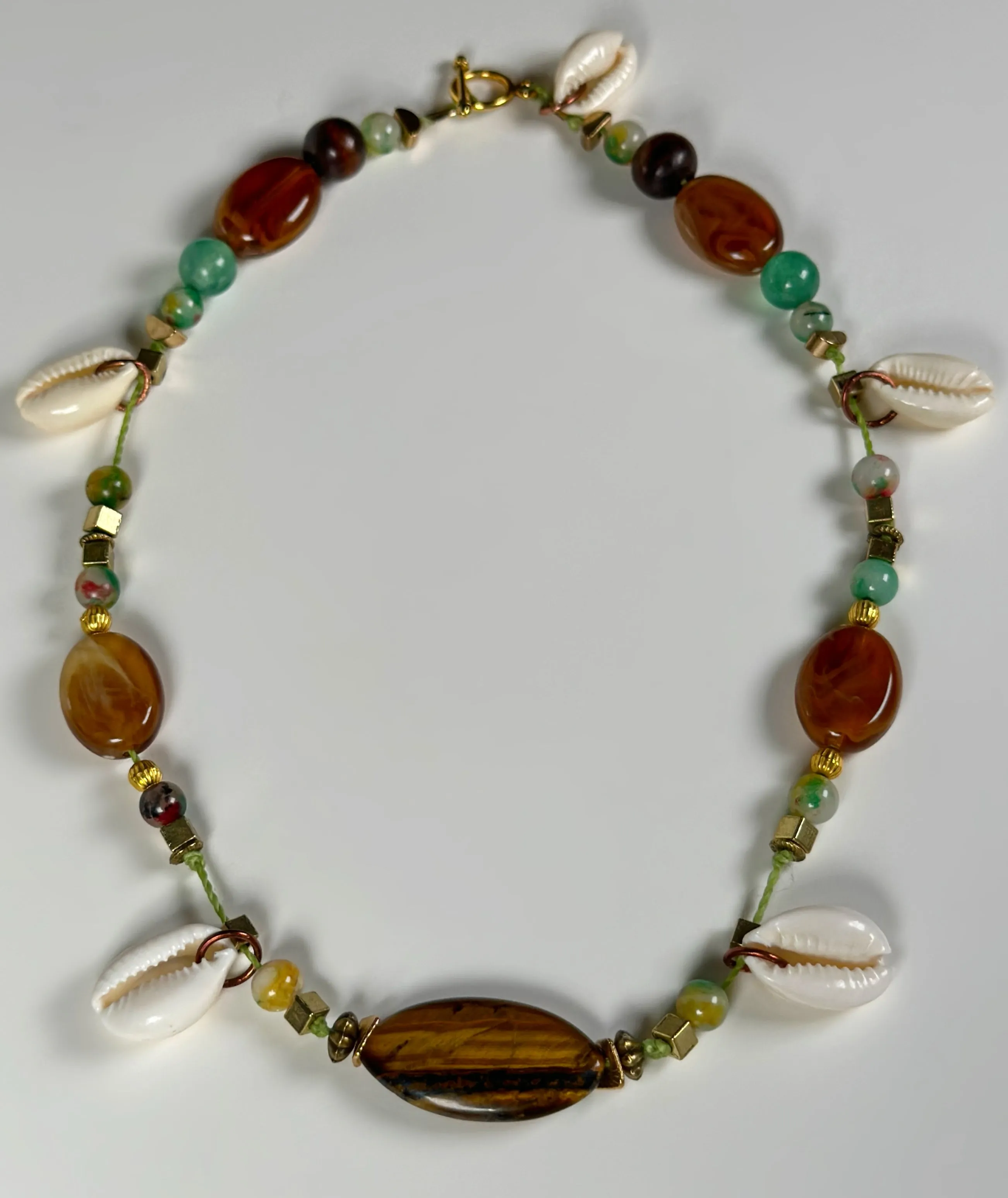 Tigers Eye Natural Stone & Cowrie Seahell Choker Necklace |  Denali Brand