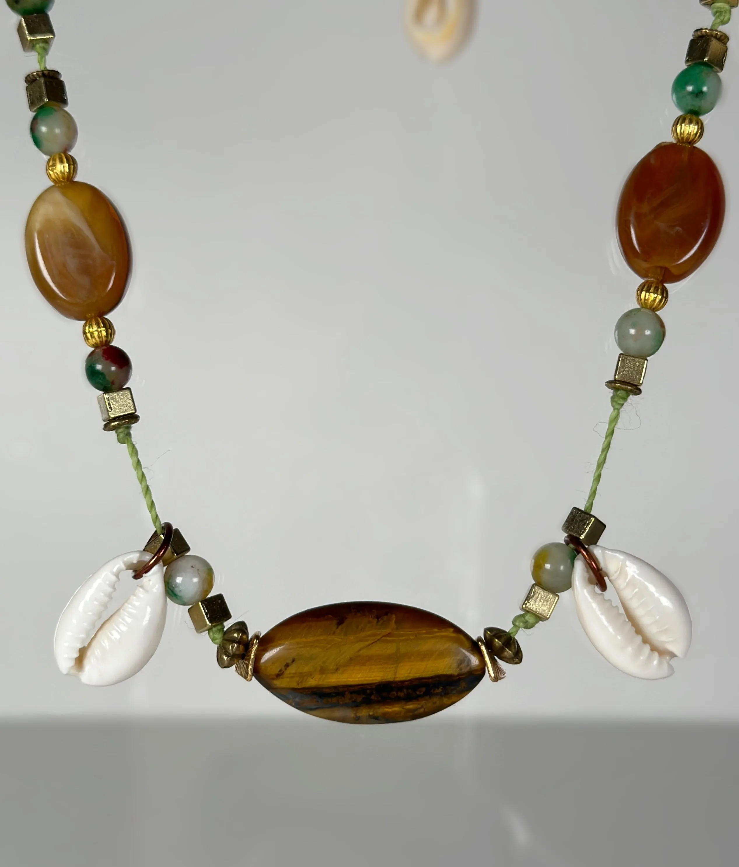 Tigers Eye Natural Stone & Cowrie Seahell Choker Necklace |  Denali Brand