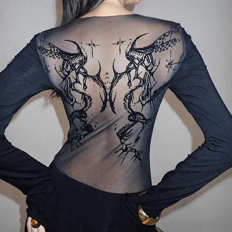Uniwim Gothic Dark Print Mesh Transparent Dress