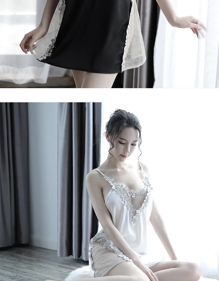 VenusFox Explosive Ladies Sexy Sling Lace Skirt Chest Hollow Nightdress Beauty Mesh High Slit Embroidery Sexy Lingerie