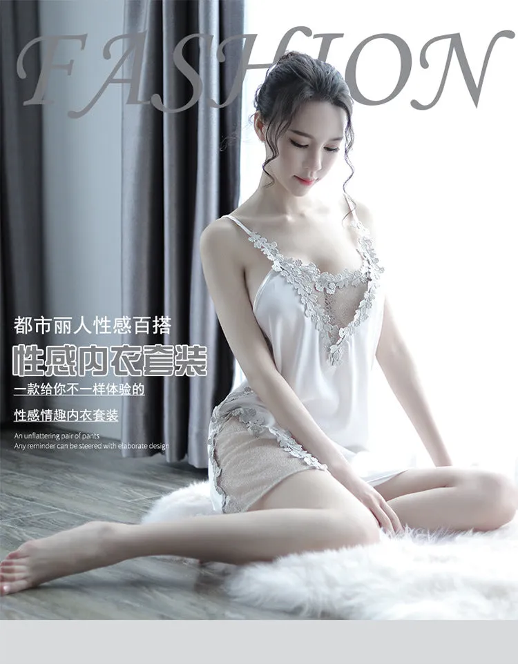VenusFox Explosive Ladies Sexy Sling Lace Skirt Chest Hollow Nightdress Beauty Mesh High Slit Embroidery Sexy Lingerie