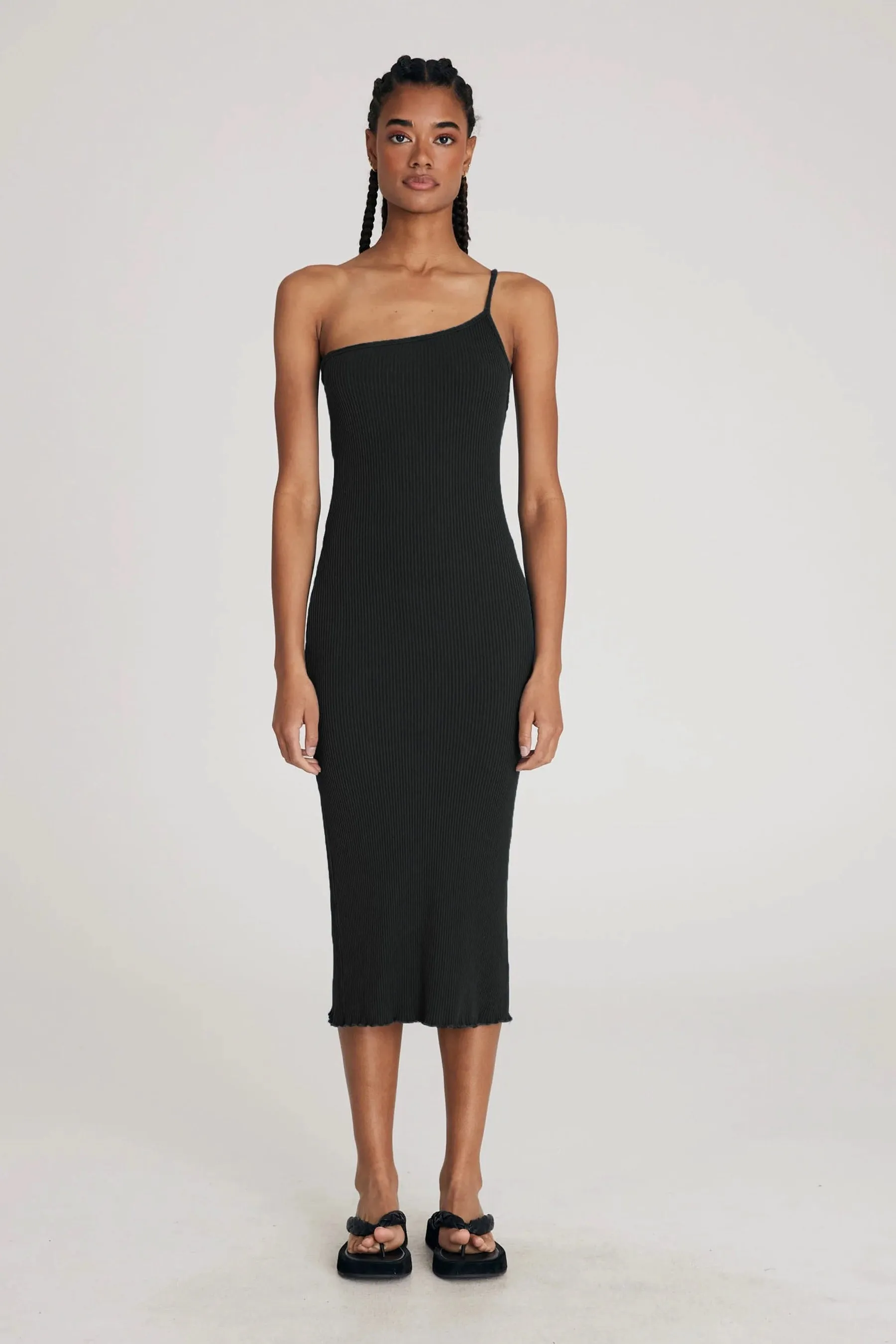 Vintage Black Hemp Rib One Shoulder Dress