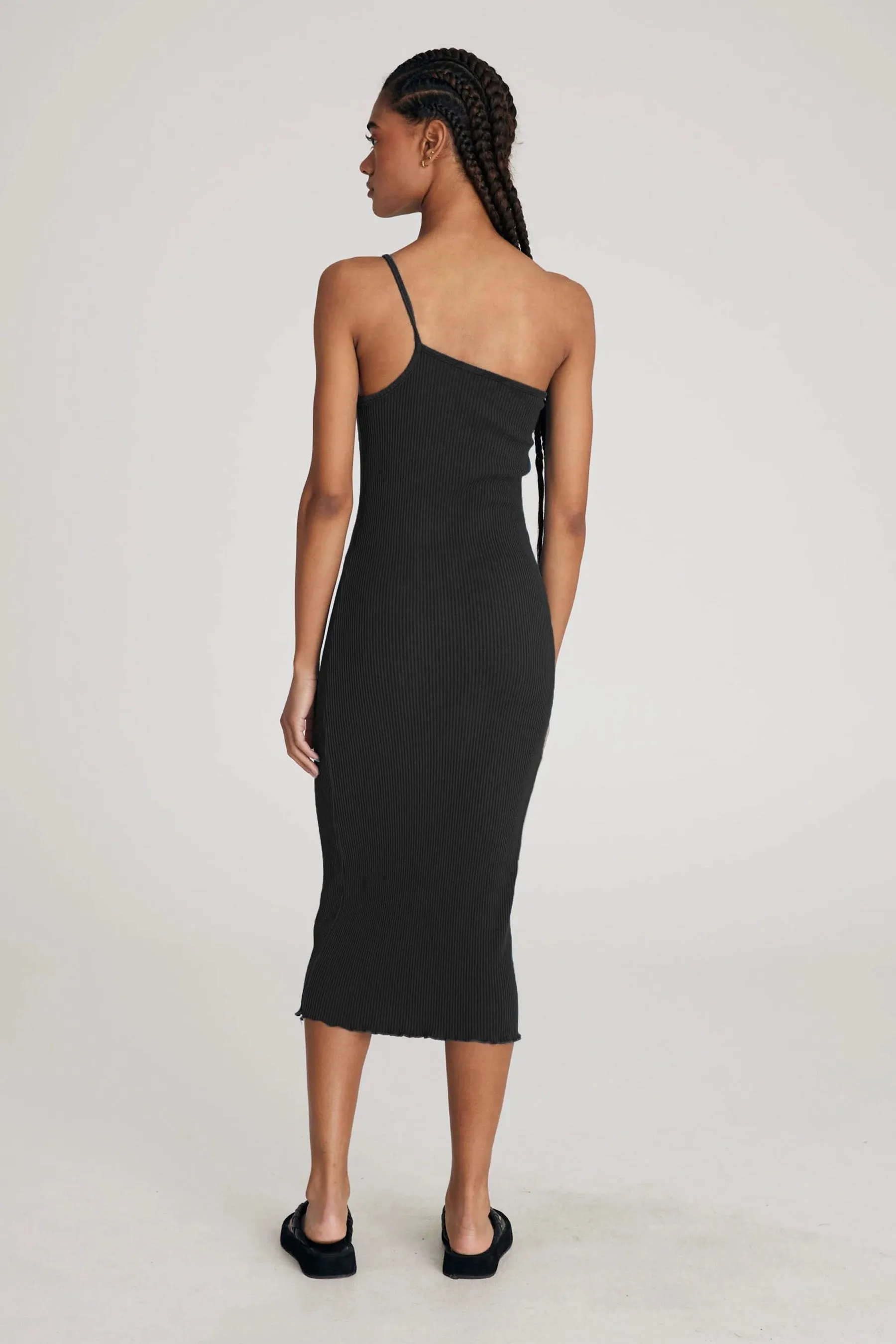 Vintage Black Hemp Rib One Shoulder Dress
