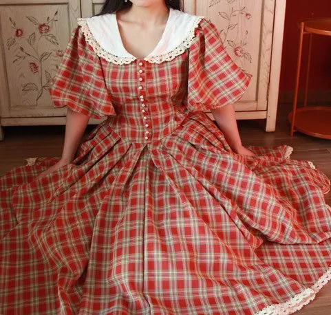 Vintage Plaid Puff Sleeve Tea Dress