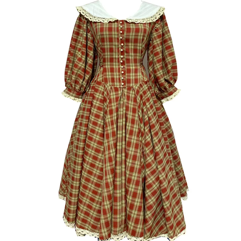 Vintage Plaid Puff Sleeve Tea Dress