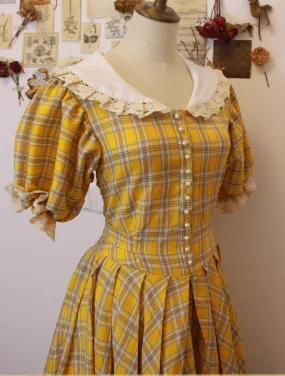 Vintage Plaid Puff Sleeve Tea Dress