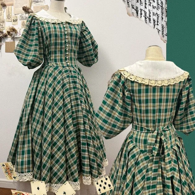 Vintage Plaid Puff Sleeve Tea Dress