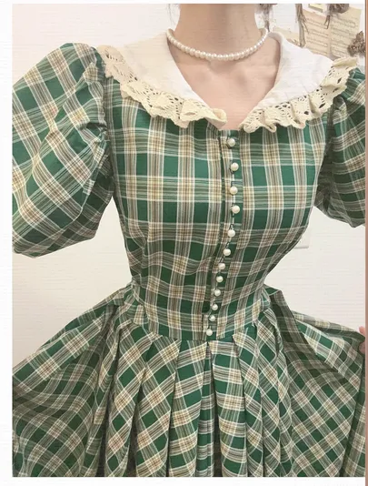 Vintage Plaid Puff Sleeve Tea Dress
