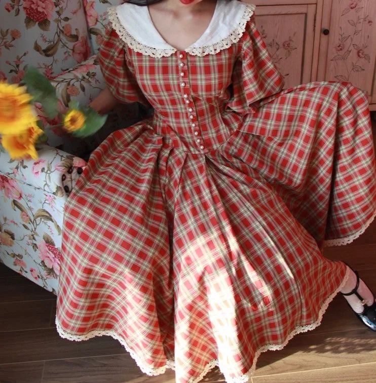 Vintage Plaid Puff Sleeve Tea Dress