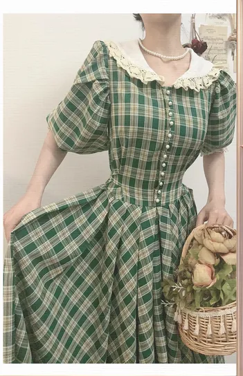 Vintage Plaid Puff Sleeve Tea Dress