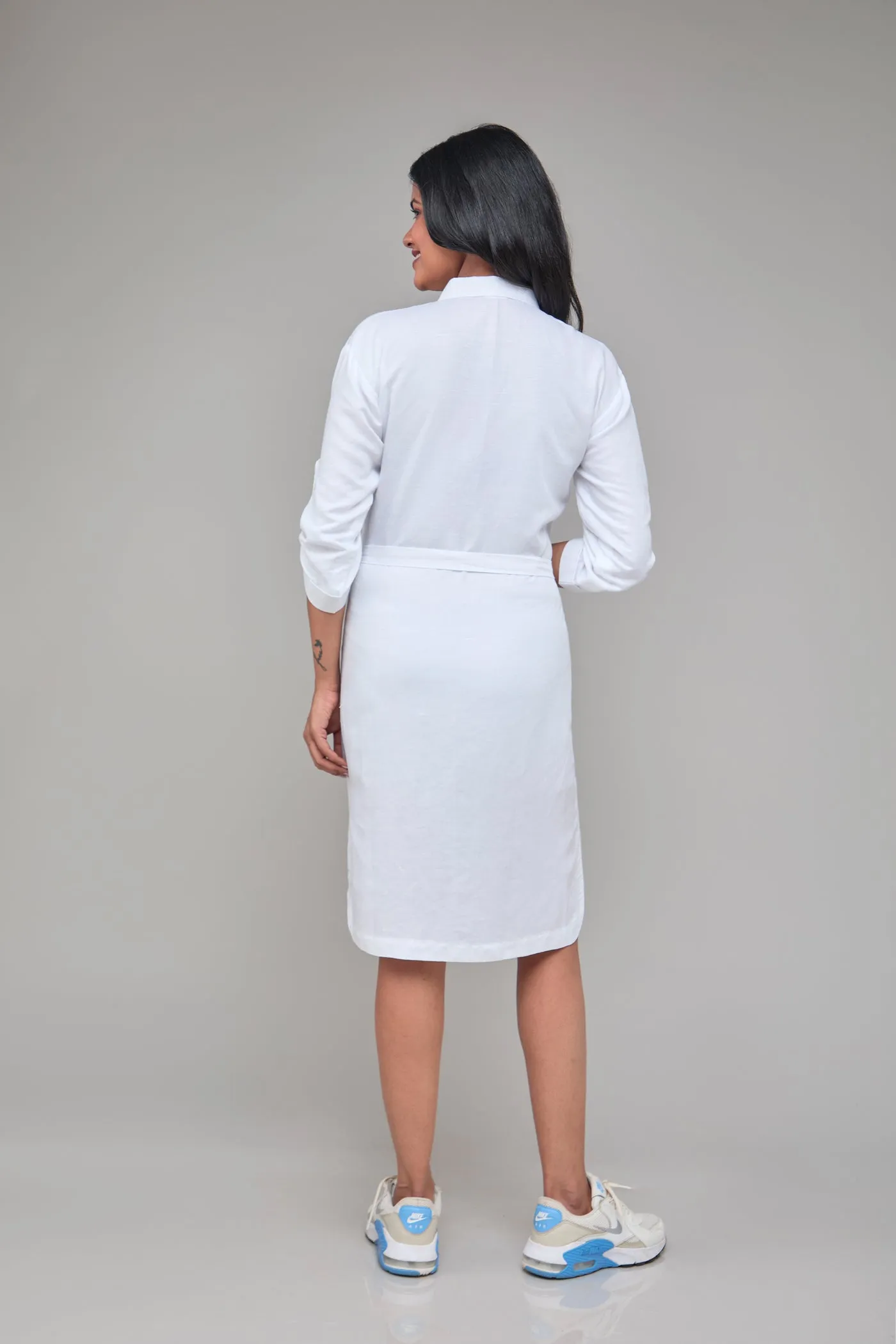 White Three Quarter Sleeves Hemp Shirt Dress