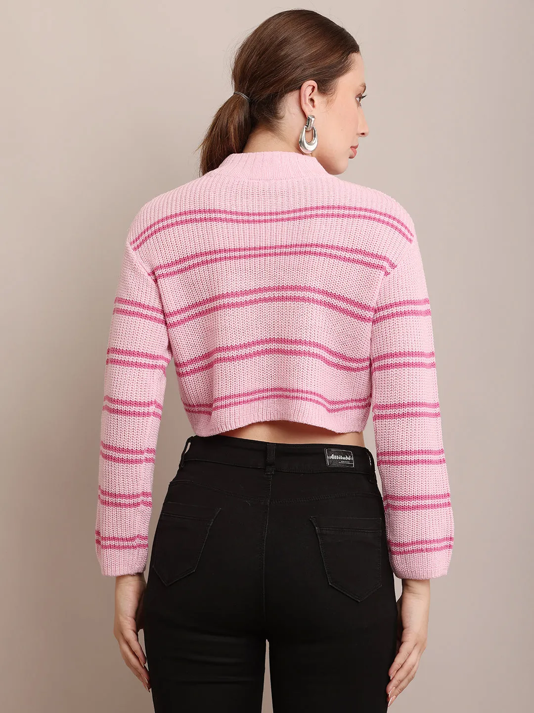 Women Acrylic Striped Pink Crop Sweater