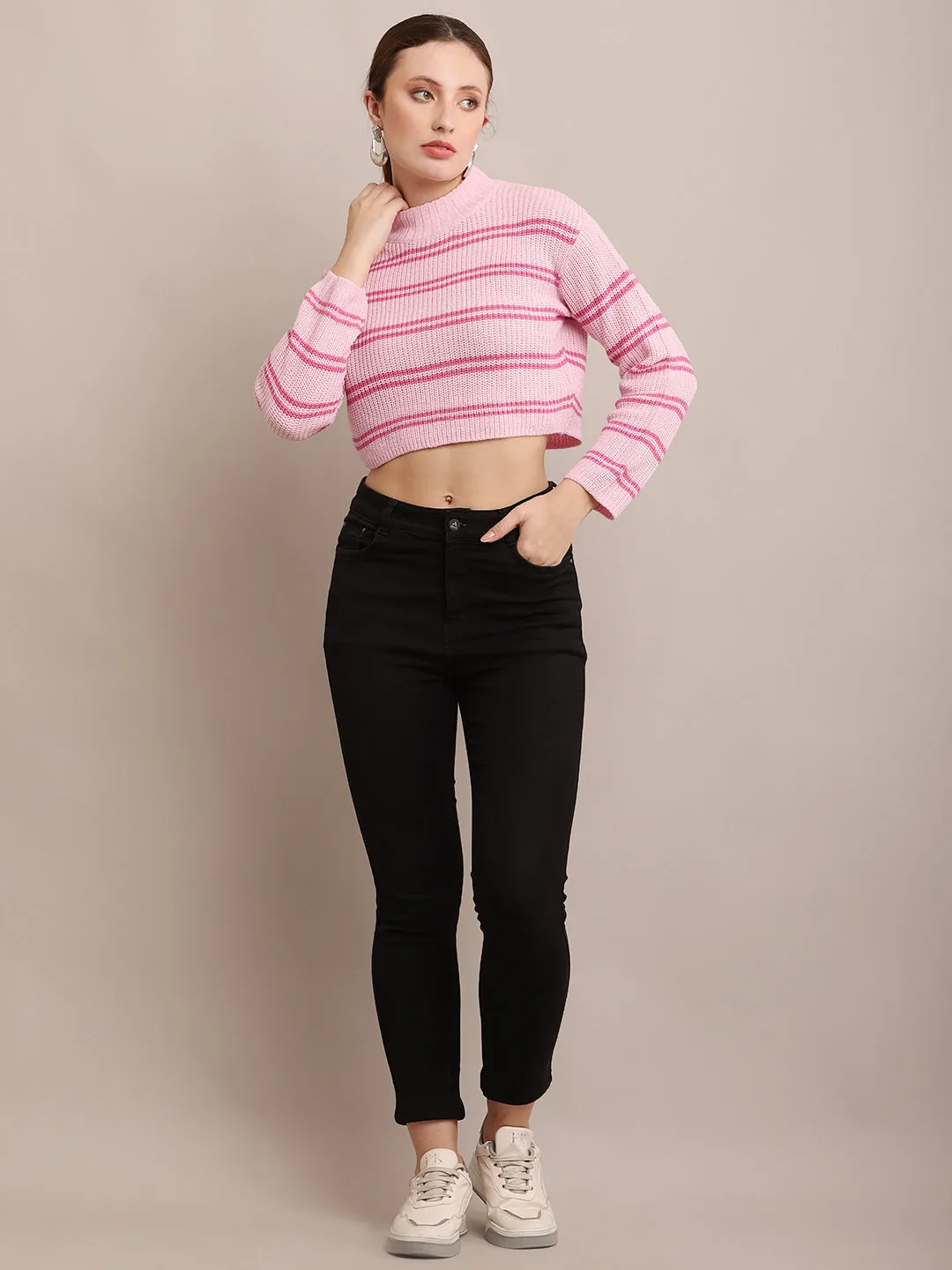 Women Acrylic Striped Pink Crop Sweater