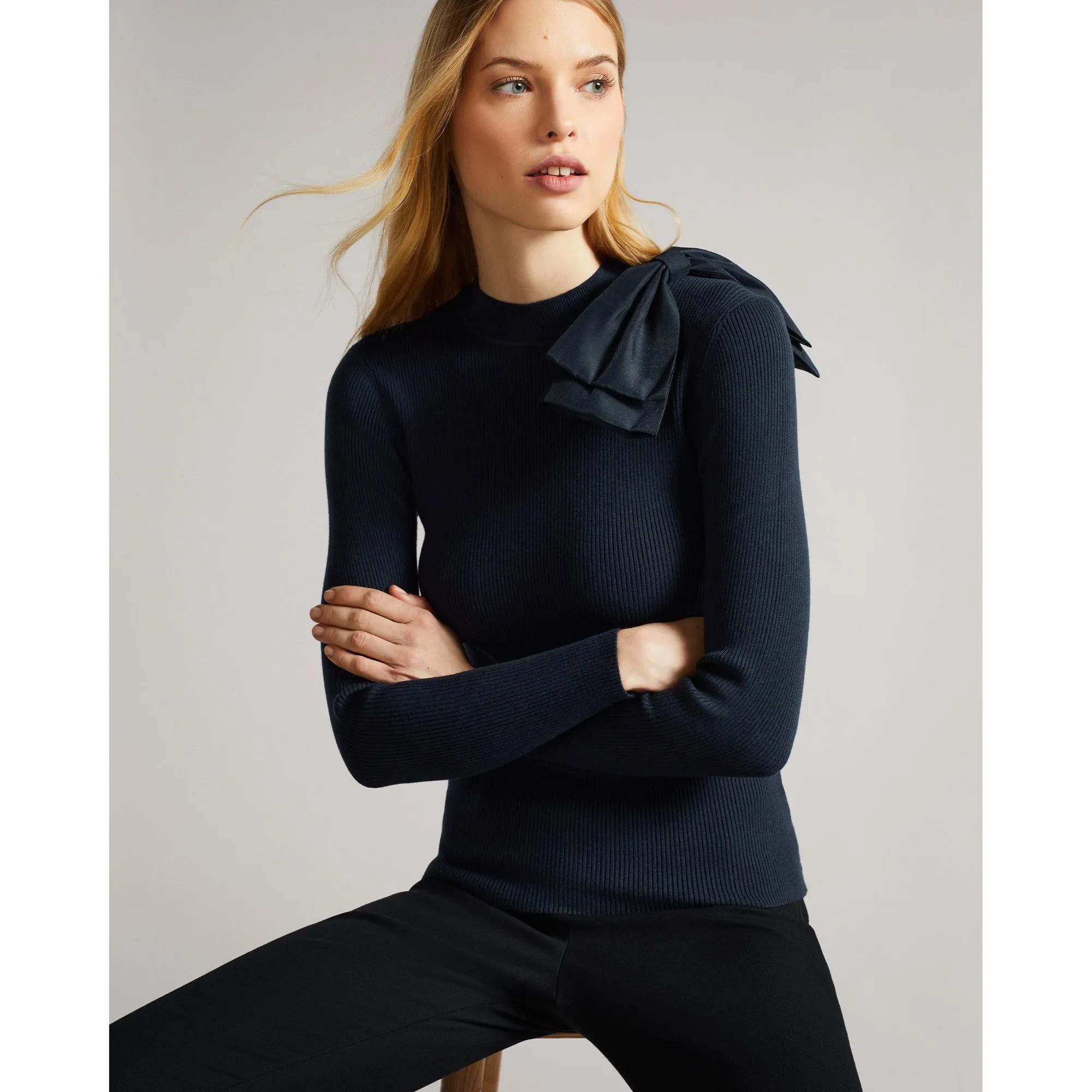 Women Ambher-Extravagant Bow Jumper - Navy
