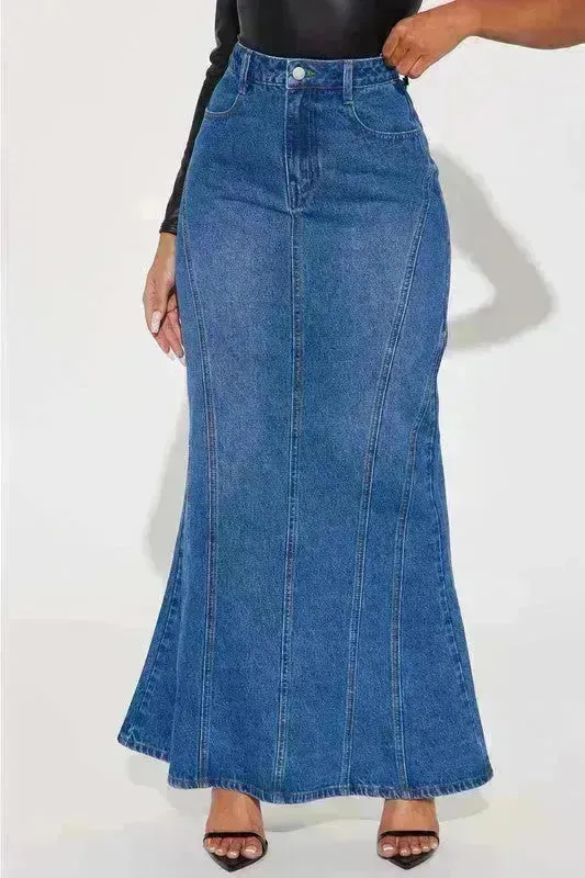 Women Fashion Denim Maxi Skirt