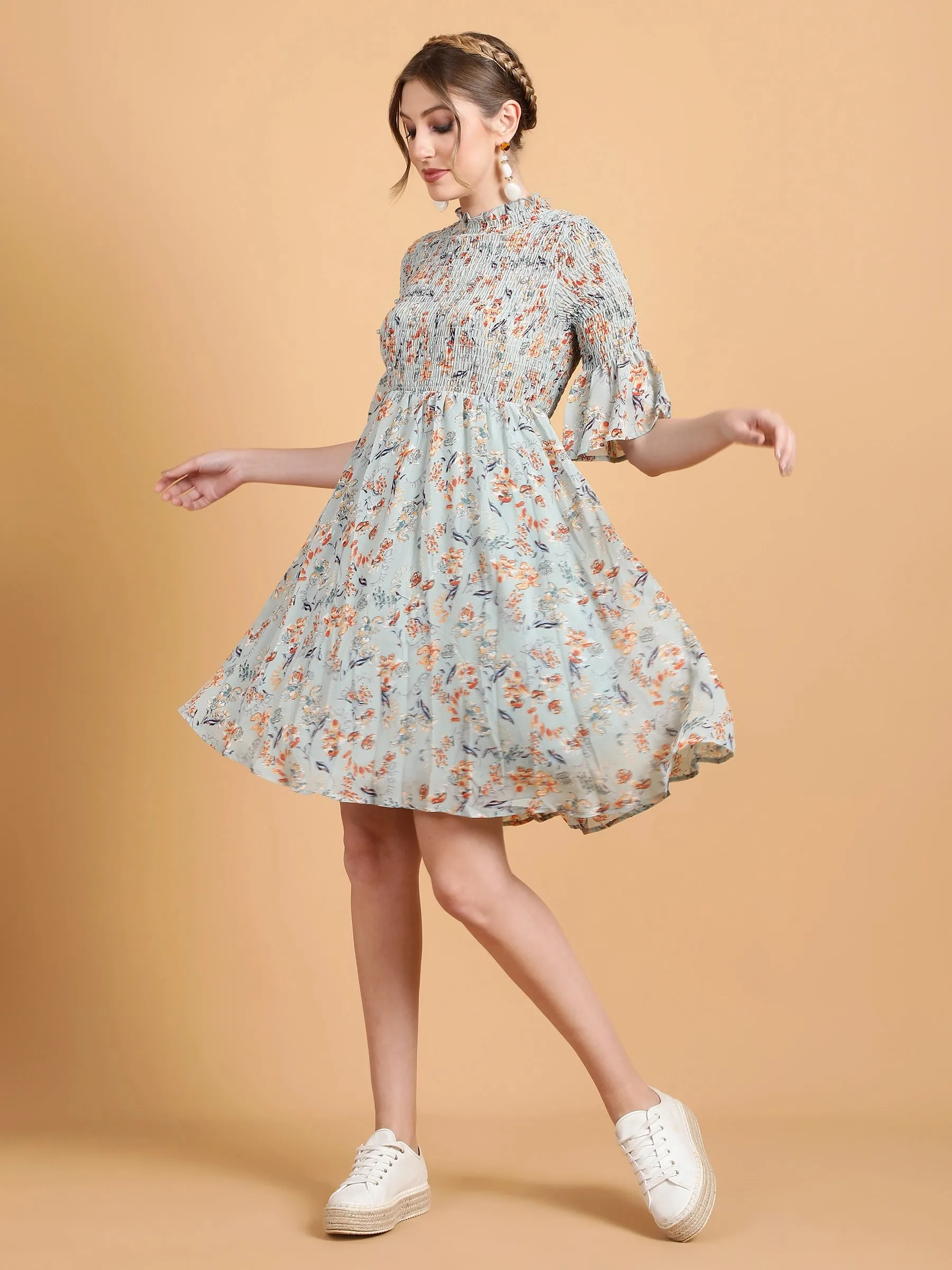 Women Olive Green Hosiery Floral Printed Frock Dress