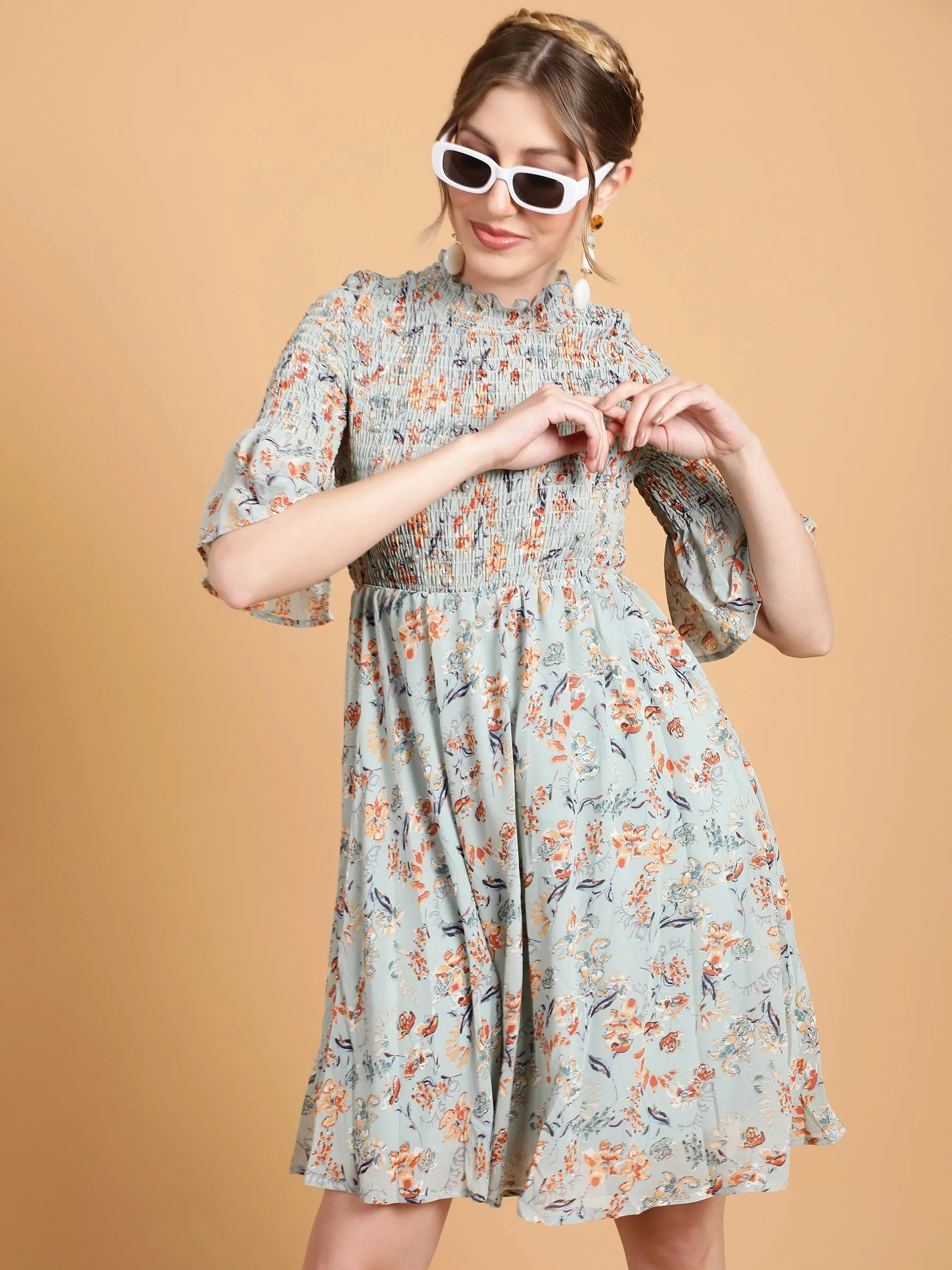 Women Olive Green Hosiery Floral Printed Frock Dress