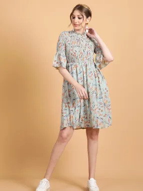 Women Olive Green Hosiery Floral Printed Frock Dress