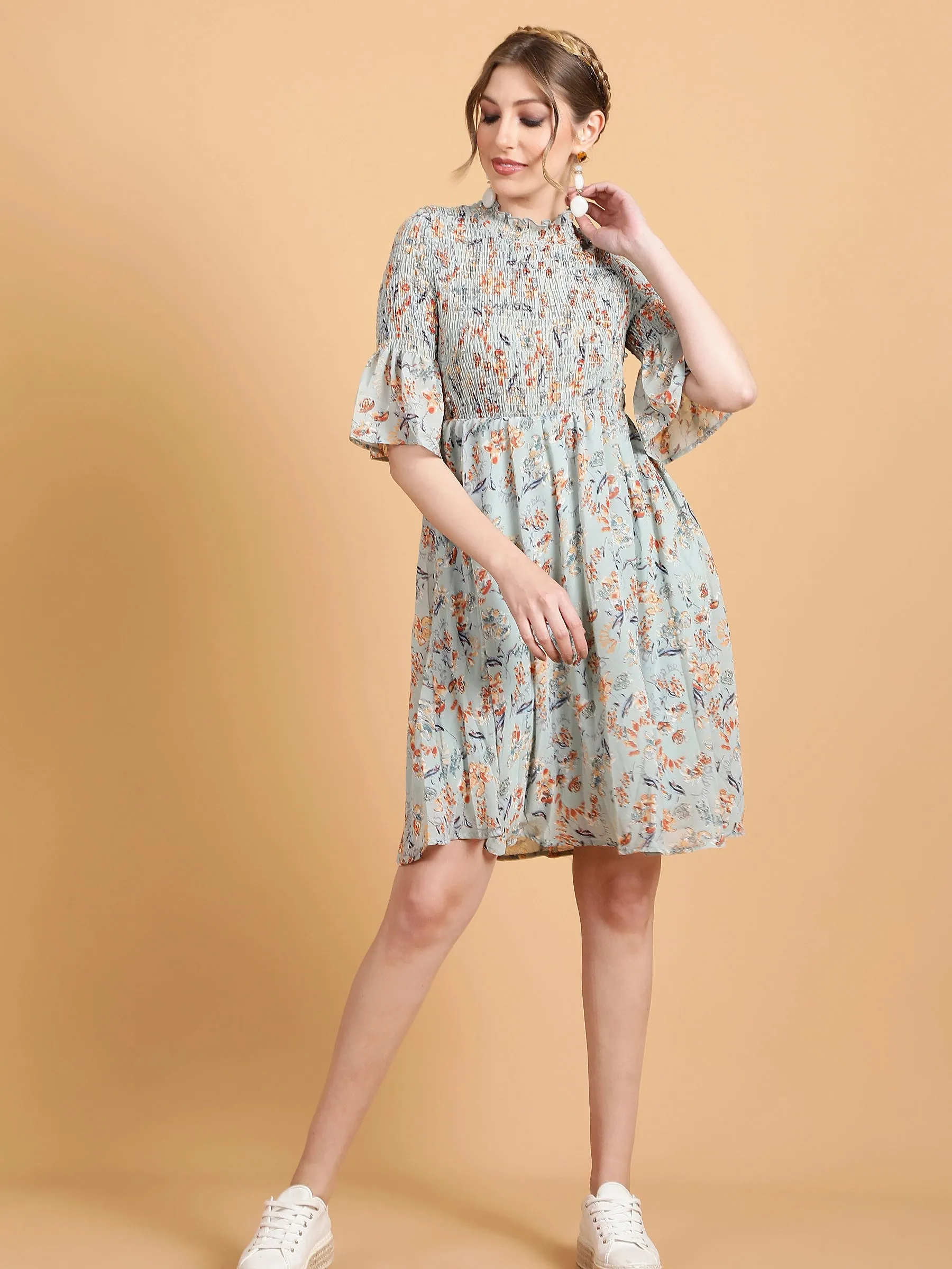 Women Olive Green Hosiery Floral Printed Frock Dress