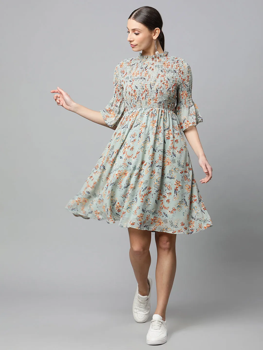 Women Olive Green Hosiery Floral Printed Frock Dress